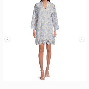 Lace V-Neck Shift Dress in Pale Blue and Cream